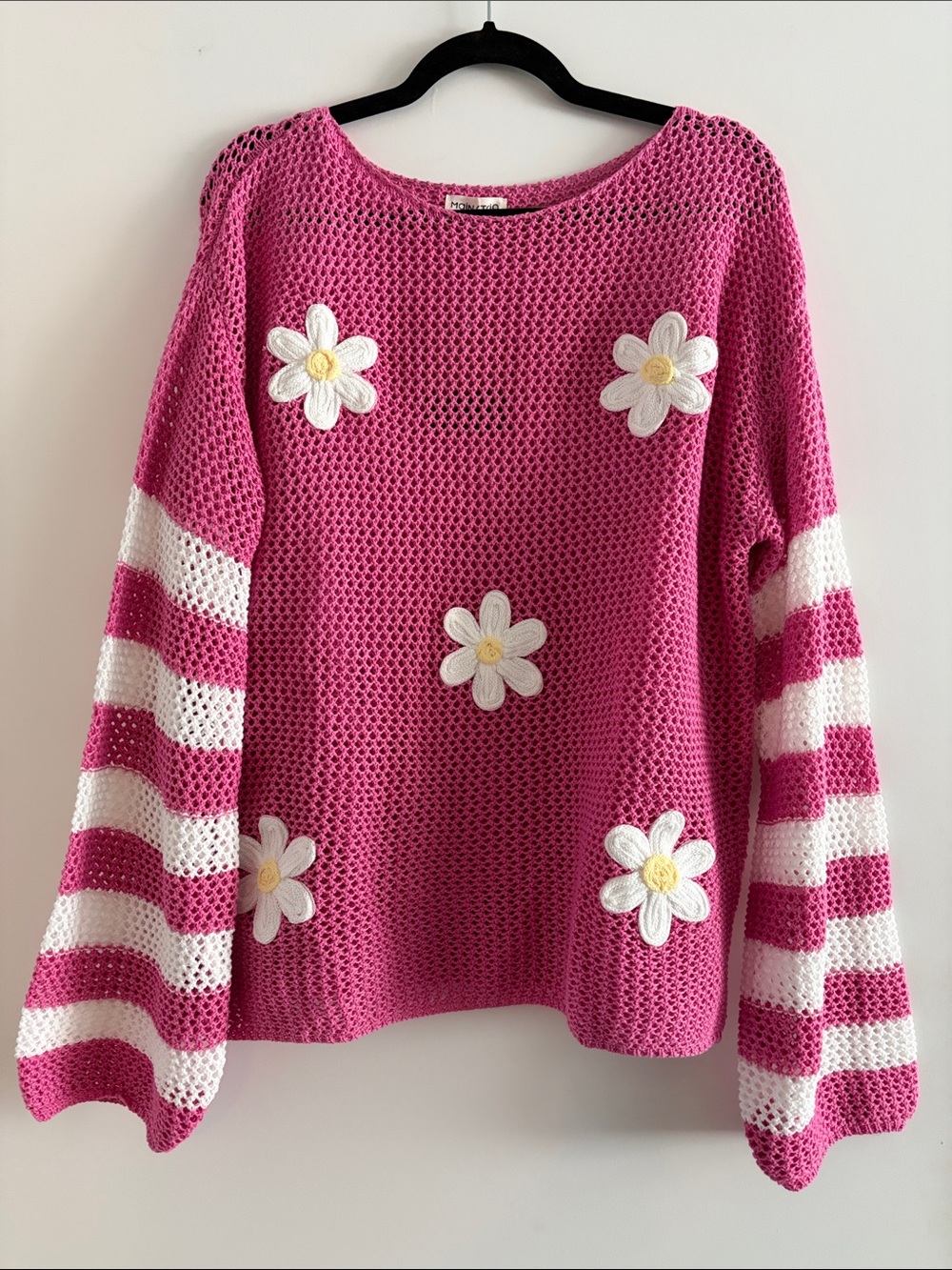 Main Strip Pink Daisy Crochet Sweater with White Stripes